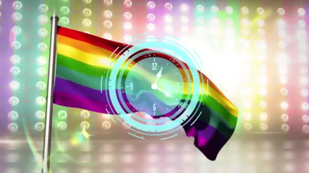 Animation Rainbow Flag Blue Clock Lgbtq Pride Equality Celebration Concept — Stockvideo