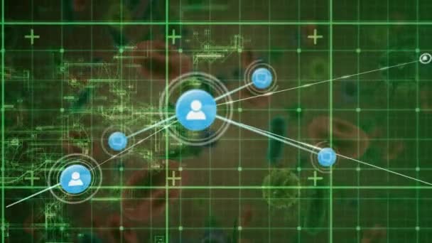 Анимация Сети Связей Медиа Иконками Над Вирусными Клетками Социальные Сети — стоковое видео