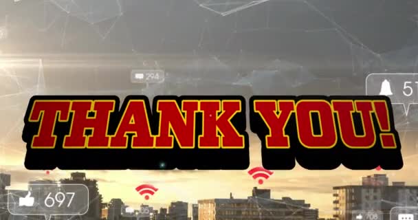 Animation Thank You Text Numbers Growing Cityscape Global Social Media — Αρχείο Βίντεο