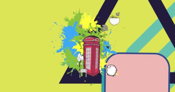 Animation Telephone Box Shapes Yellow Background Hobby Lifestyle Concept Digitally — Vídeo de stock