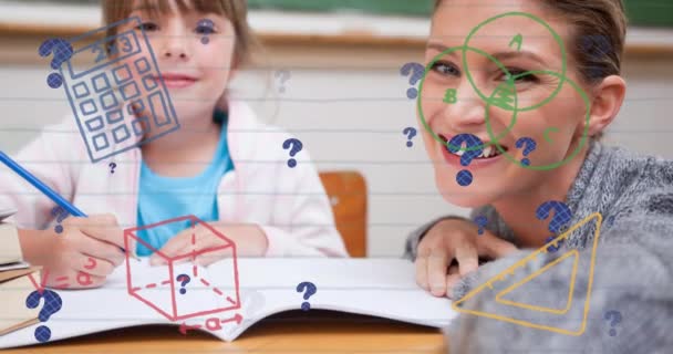 Анимация Математических Формул Над Школьницей Учительницей Школа Образование Обучение Концепция — стоковое видео