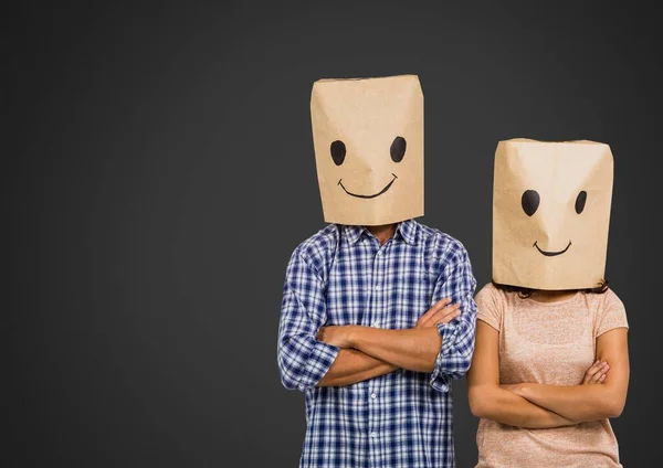 Couple Wearing Paper Bags Face Emotions Painting Copy Space Grey — Stock Photo, Image