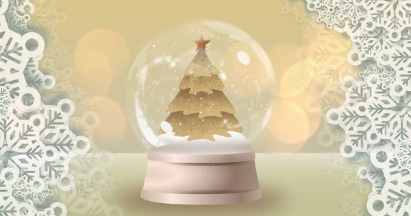 Bild Von Sternschnuppen Über Schneekugel Mit Weihnachtsbaum Auf Hellem Hintergrund — Stockfoto