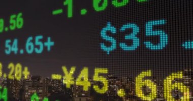 Composite image of stock market data processing against cityscape at night. global finance and economy concept