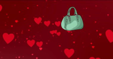 Digital animation of female bag icon over multiple heart icons floating against red background. style and fashion concept