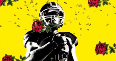 Erkek rugby oyuncusunun üzerine düşen konfeti sarı arka planda gül çiçeği ikonuna karşı bir top tutuyor. spor ve spor konsepti