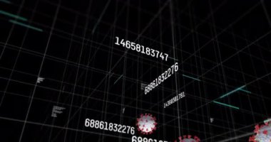 Multiple covid-19 cells and changing numbers floating against data processing on black background. coronavirus covid-19 pandemic concept