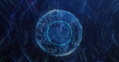 Digital animation of light trails against globe on blue background. global networking and technology concept