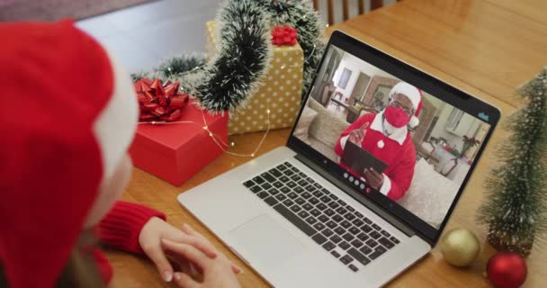 Caucasian Woman Video Call Santa Claus Christmas Time Christmas Festivity — Wideo stockowe
