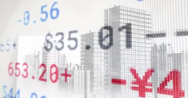 Digital Animation Stock Market Data Processing Building Model White Background — стоковое видео