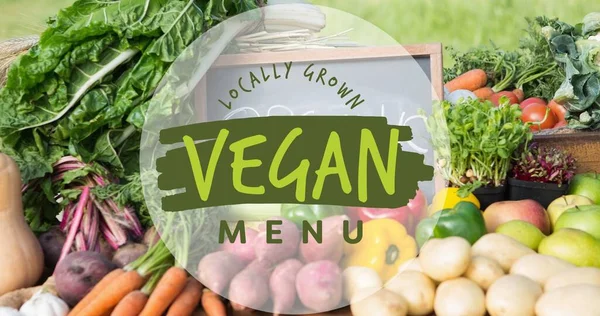 Närbild Lokalt Odlade Veganska Menyn Symbol Över Färska Grönsaker Digital — Stockfoto