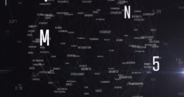 İş metinleri üzerine beyaz harflerin animasyonu. dijital arayüz ve veri işleme kavramı dijital olarak oluşturuldu.