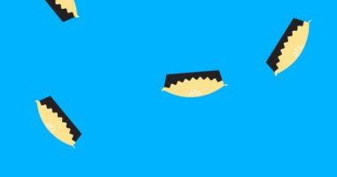 Mavi arka planda düşen pasta simgelerinin canlandırması. yiyecek ve pişirme konsepti dijital olarak üretilen video.