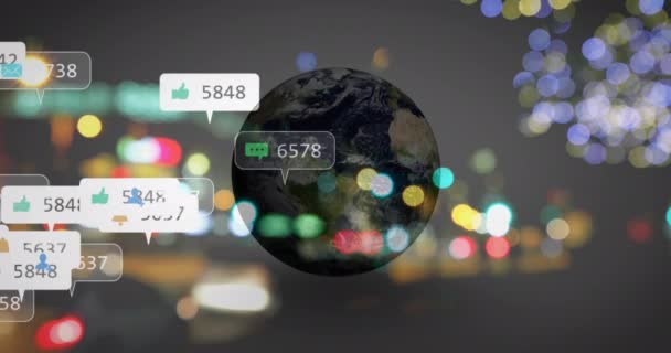 Animación Procesamiento Datos Con Globo Sobre Paisaje Urbano Por Noche — Vídeo de stock
