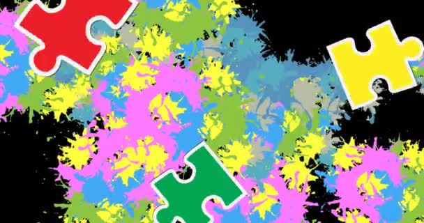 Animatie Van Puzzel Vallen Kleurrijke Vlekken Creatief Maand Viering Concept — Stockvideo