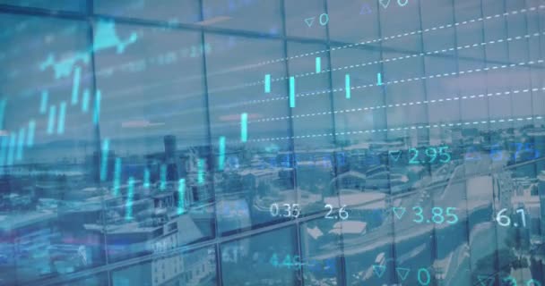 Animering Statistik Och Ekonomisk Databehandling Över Stadsbilden Bakgrunden Finansierings Affärs — Stockvideo