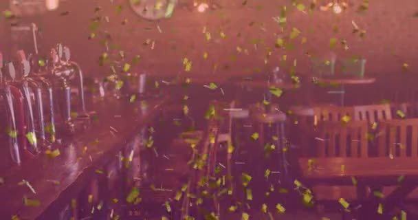 Анимация Золотых Конфетти Падающих Пустой Бар Вечеринка Празднование Концепции Цифрового — стоковое видео