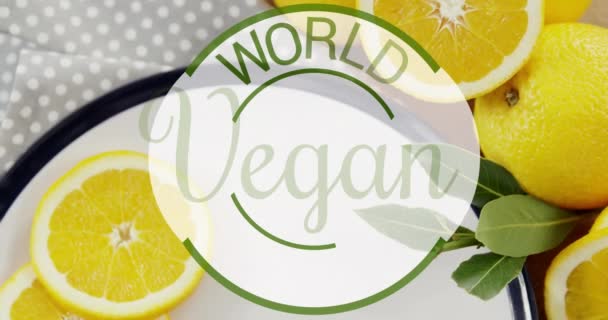 Animation Världen Vegan Dag Text Över Färsk Frukt Världen Vegan — Stockvideo