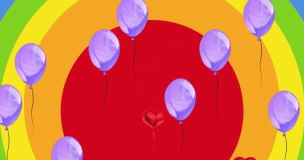 Gökkuşağı Arka Planında Kucaklaşan Balonların Kalpleri Çocukları Geride Bırakması Gurur — Stok video