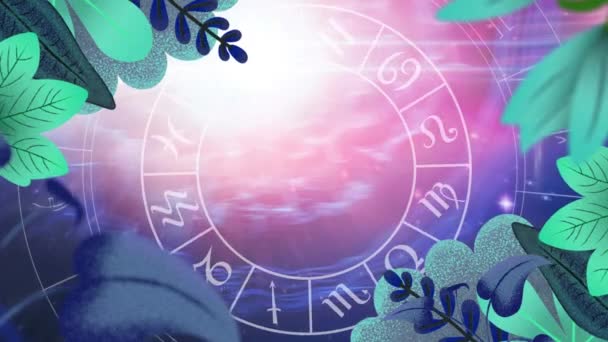 황소자리의 별자리와 황도대의 별자리 바퀴를 보라색 배경으로 애니메이션 점성술 천궁도 — 비디오