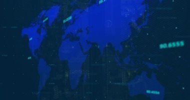 Dünya haritasının animasyonu, değişen numaralar ve veri işleme. küresel hesaplama, dijital arayüz ve dijital olarak oluşturulmuş video işleme kavramı.