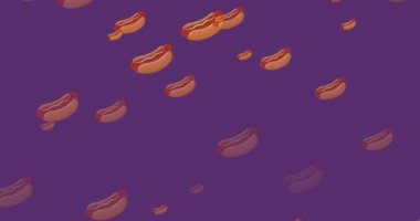 Mor arka planda düşen sosisli ikonlarının animasyonu. yiyecek ve sağlık konsepti dijital olarak üretilen video.