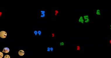 Animation of emoji icons floating and numbers on black background. global online social media, connection and communication concept digitally generated video.