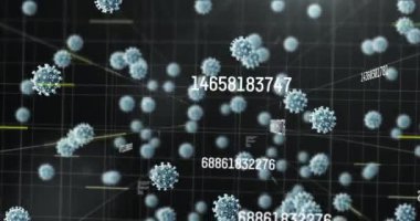 Virüs hücrelerinin, sayıların ve veri işlemenin animasyonu. Coronavirus covid 19 salgını sırasında tıbbi ve sağlık hizmetleri dijital olarak üretilen video konsepti.