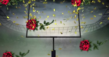 Spor stadyumunun üzerine düşen konfeti ve güllerin animasyonu. spor ve kutlama konsepti dijital olarak oluşturulmuş video.