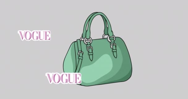 Animering Handväska Ikon Och Vogue Texter Grön Bakgrund Mode Och — Stockvideo