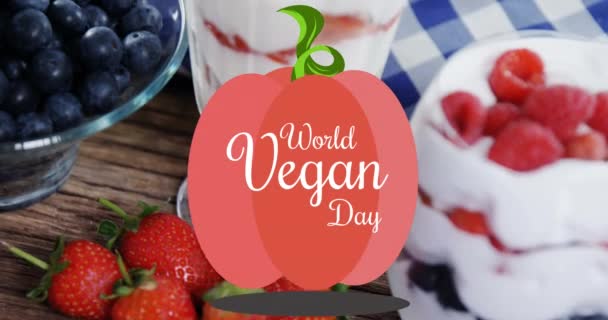Animação Mundo Vegan Dia Texto Sobre Frutas Frescas Mundo Vegan — Vídeo de Stock