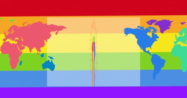 Animation Der Weltkarte Über Der Regenbogenfaust Auf Regenbogenhintergrund Stolz Monat — Stockvideo