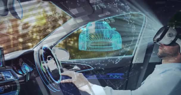 Animación Procesamiento Datos Sobre Hombre Negocios Caucásico Usando Auriculares Coche — Vídeos de Stock