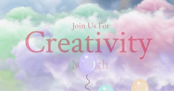 Bulutların Üzerinde Balonlarla Yaratıcılık Ayı Metninde Bize Katılın Yaratıcı Yaratıcılık — Stok video