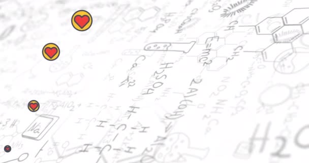 Анимация Икон Эмодзи Сердца Плавающих Над Химическими Формулами Белом Фоне — стоковое видео