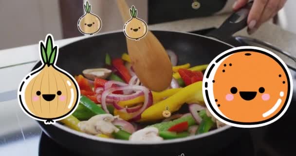 Animación Los Iconos Verduras Sobre Mujer Caucásica Cocinar Verduras Concepto — Vídeos de Stock