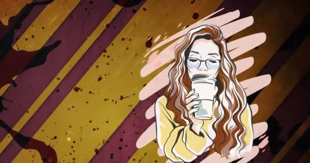 Animacja Kobiety Pijącej Kawę Nad Barwnymi Plamami Kreatywny Miesiąc Koncepcja — Wideo stockowe