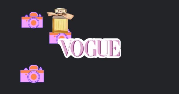 Animation Vogue Text Och Kamera Med Parfym Ikoner Svart Bakgrund — Stockvideo