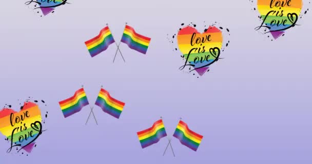 Animation Ballons Rainbow Hearts Flags Pink Background Pride Month Celebration — Stock Video