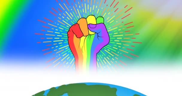 虹を背景に世界中で虹の拳のアニメーション プライドの月のお祝いのコンセプトデジタル生成ビデオ — ストック動画