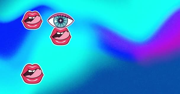 Animación Iconos Ojos Labios Sobre Fondo Azul Moda Accesorios Fondo — Vídeo de stock