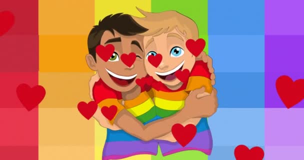 Animação Corações Sobre Dois Meninos Abraçando Fundo Arco Íris Orgulho — Vídeo de Stock