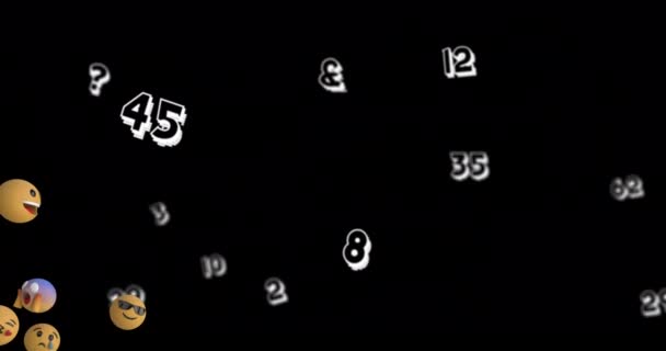 Animatie Van Emoji Iconen Zweven Nummers Zwarte Achtergrond Wereldwijd Online — Stockvideo