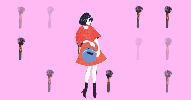 Animación Iconos Pincel Modelo Sobre Fondo Rosa Moda Accesorios Fondo — Vídeo de stock