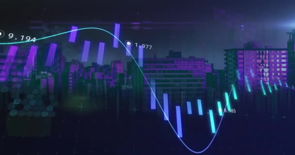 Şehir Manzarası Üzerindeki Istatistik Finansal Veri Işleme Animasyonları Finans Veri — Stok video