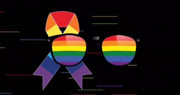 Animation Rainbow Glasses Ribbon Black Background Pride Month Celebration Concept — Stock Video
