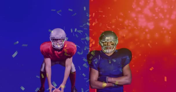 Animación Confeti Oro Cayendo Sobre Dos Jugadores Fútbol Americano Masculino — Vídeos de Stock