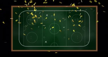 Siyah arka planda oyun planının üzerine konfeti animasyonu. Spor ve yarışma konsepti dijital olarak oluşturulmuş video.
