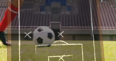 Futbol ve stadyum üzerinde oyun planı çizimi. Spor ve yarışma konsepti dijital olarak oluşturulmuş video.