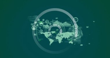 Yeşil arka planda finansal veri işleme üzerinde hareket eden çemberin animasyonu. küresel iş, finans, bağlantılar ve dijital arayüz konsepti dijital olarak oluşturulmuş video.